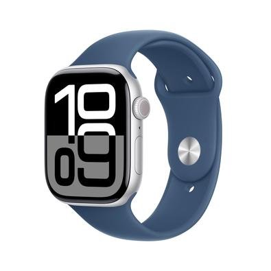 Imagem Apple Watch Series 10 GPS + Cellular, Caixa Prateada de Alumínio de 46 mm, Pulseira Esportiva Denim, Tamanho M/G - MWY13AM/A