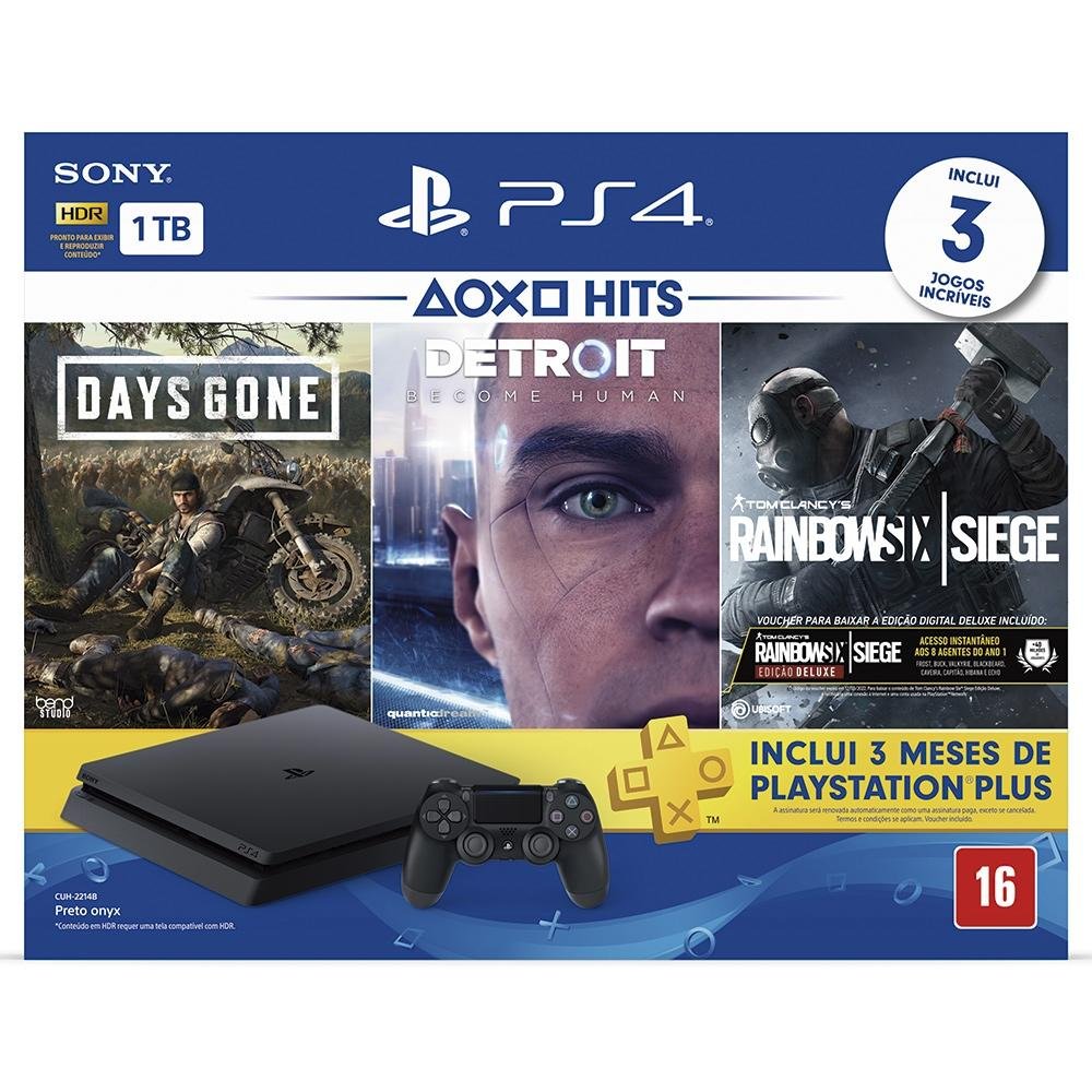 Console Sony PlayStation 4 Hits Bundle 1TB - Days Gone + Detroit Become Human + Tom Clancy´s Rainbow Six - CUH-2214B