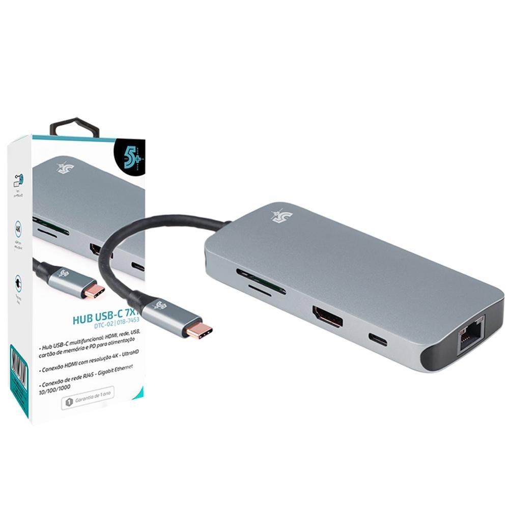 HUB USB 5+ 7x1 UBS 3.0 Leitor de Cartões SD/Micro SD, HDMI, RJ45, USB-C - 018-7453 HUB USB 5+ 7x1 UBS 3.0 Leitor de Cartões SD/Micro SD, HDMI, RJ45, USB-C - 018-7453