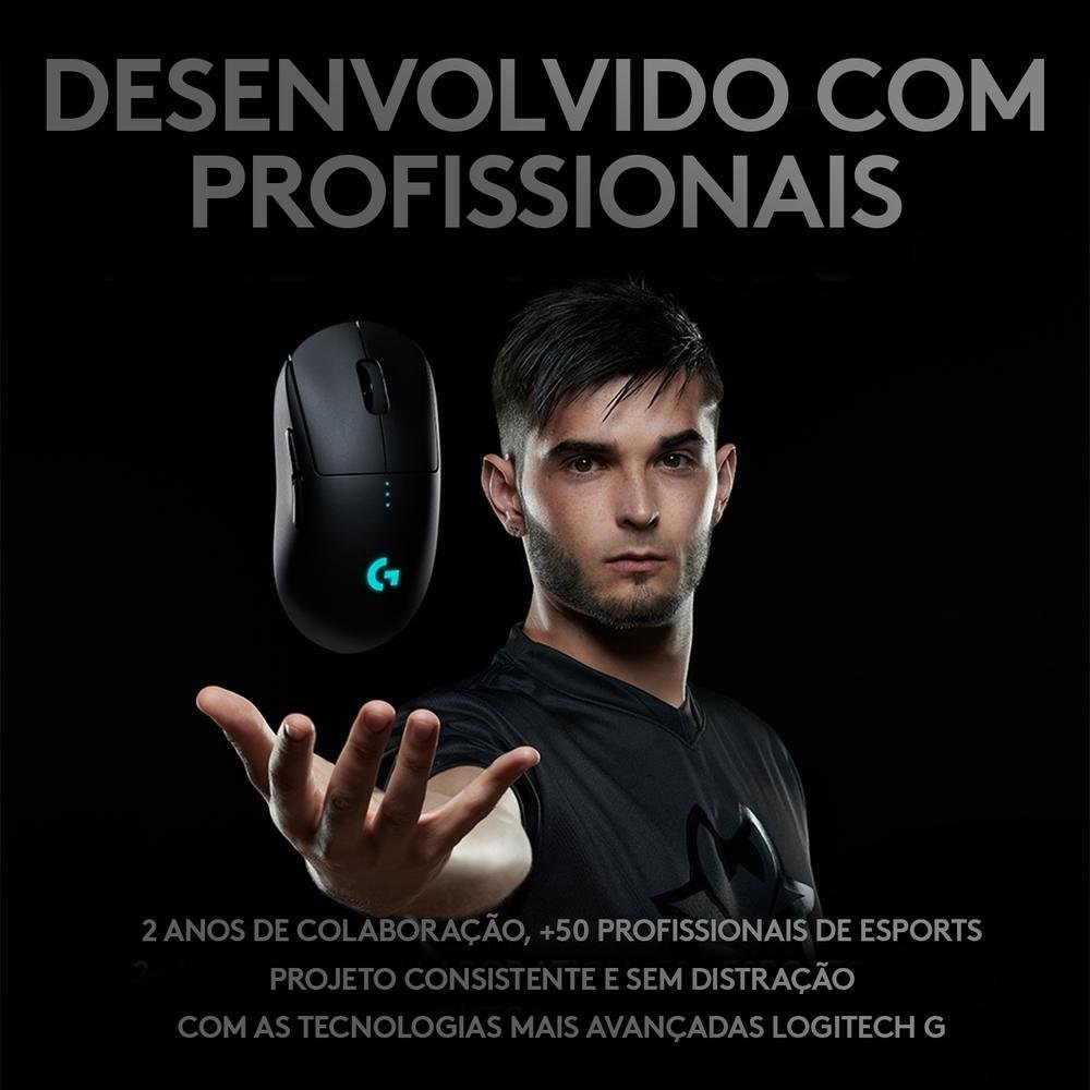 Mouse Gamer Sem Fio Logitech G PRO Wireless LIGHTSPEED, RGB LIGHTSYNC, 16000 DPI, Ambidestro, 6 Botões, HERO 25K, Preto - 910-005271
