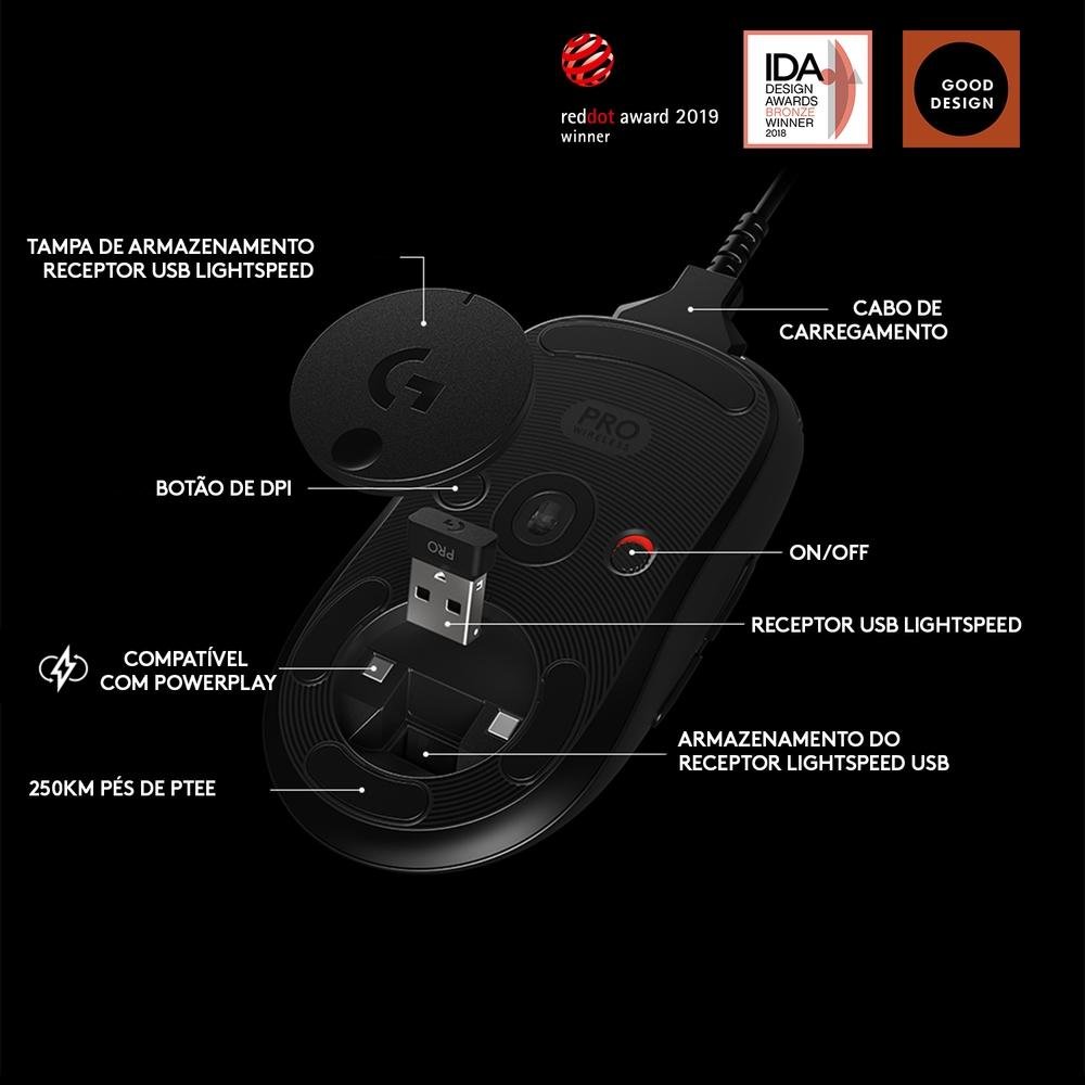 Mouse Gamer Sem Fio Logitech G PRO Wireless LIGHTSPEED, RGB LIGHTSYNC, 16000 DPI, Ambidestro, 6 Botões, HERO 25K, Preto - 910-005271