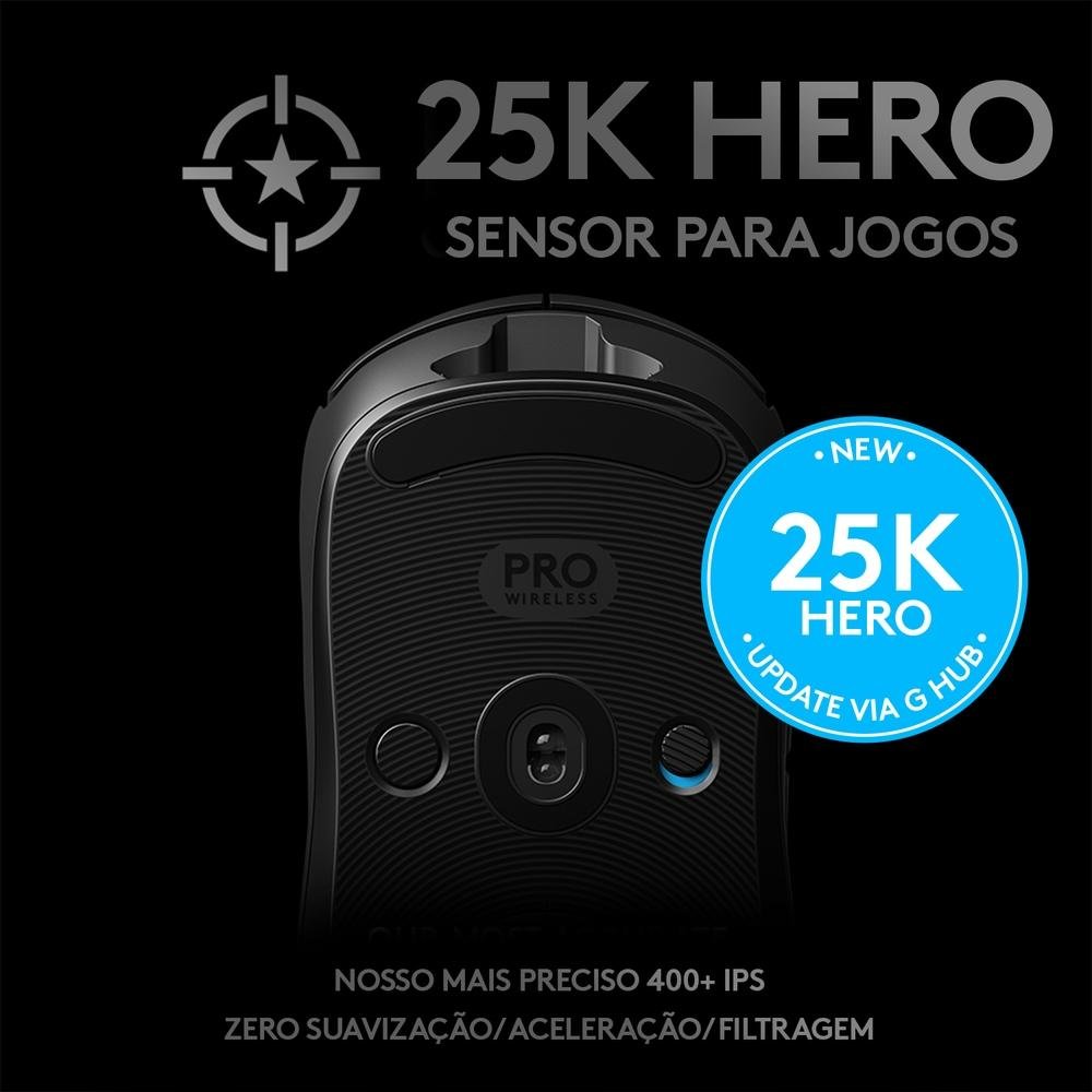 Mouse Gamer Sem Fio Logitech G PRO Wireless LIGHTSPEED, RGB LIGHTSYNC, 16000 DPI, Ambidestro, 6 Botões, HERO 25K, Preto - 910-005271