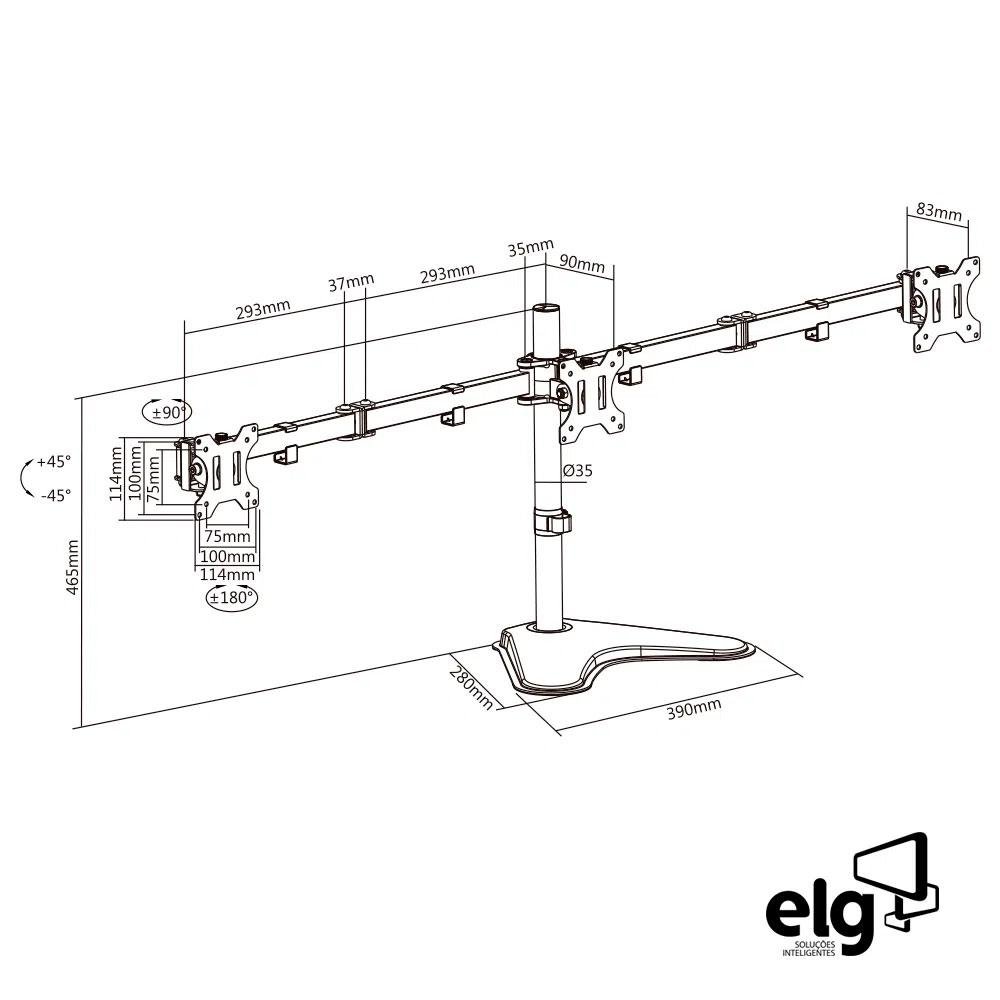 Suporte Triplo de Mesa para Monitores ELG, Giratório, Articulado - T1236N