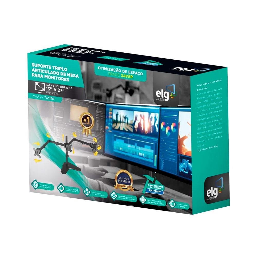 Suporte Triplo de Mesa para Monitores ELG, Giratório, Articulado - T1236N