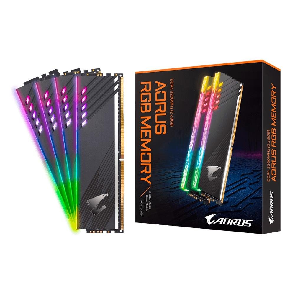 Memória Aorus RGB, 16GB (2x8GB), 3200MHz, DDR4, CL16 (com módulo de demonstração) - GP-ARS16G32D Memória Aorus RGB, 16GB (2x8GB), 3200MHz, DDR4, CL16 (com módulo de demonstração) - GP-ARS16G32D