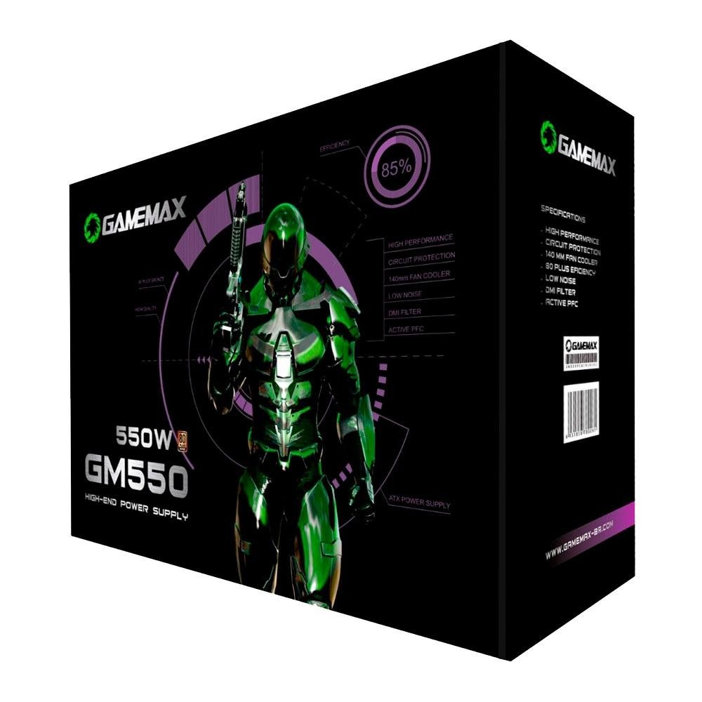 Fonte Gamemax, 550W, 80 Plus Bronze, PFC Ativo, Com Cabo, Preto - GM550 Fonte Gamemax, 550W, 80 Plus Bronze, PFC Ativo, Com Cabo, Preto - GM550