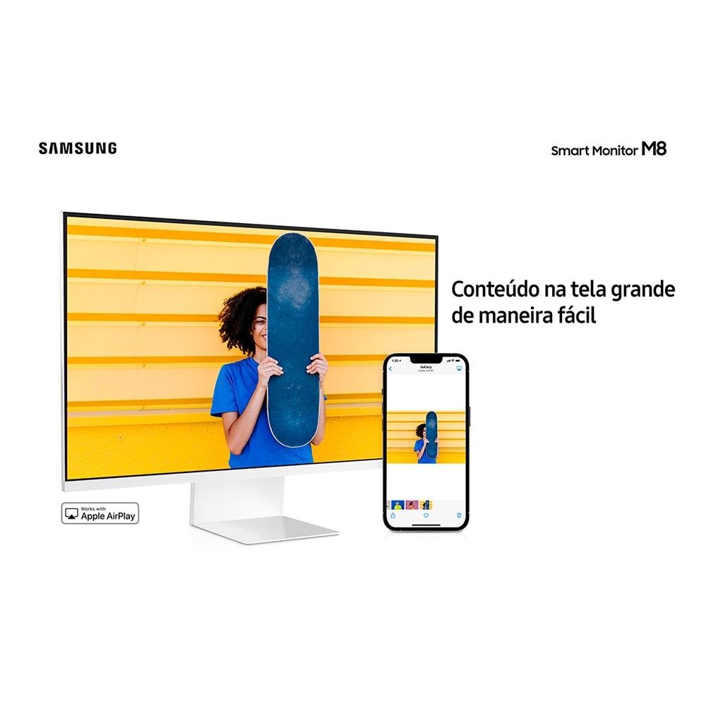 Monitor Smart Samsung M8 32" IPS 4K UHD, HDR 10, HDMI/USB-C, Tizen, WebCam, Bluetooth, WiFi, AirPlay 2, VESA, Branco - LS32BM801ULXZD Monitor Smart Samsung M8 32" IPS 4K UHD, HDR 10, HDMI/USB-C, Tizen, WebCam, Bluetooth, WiFi, AirPlay 2, VESA, Branco - LS32BM801ULXZD