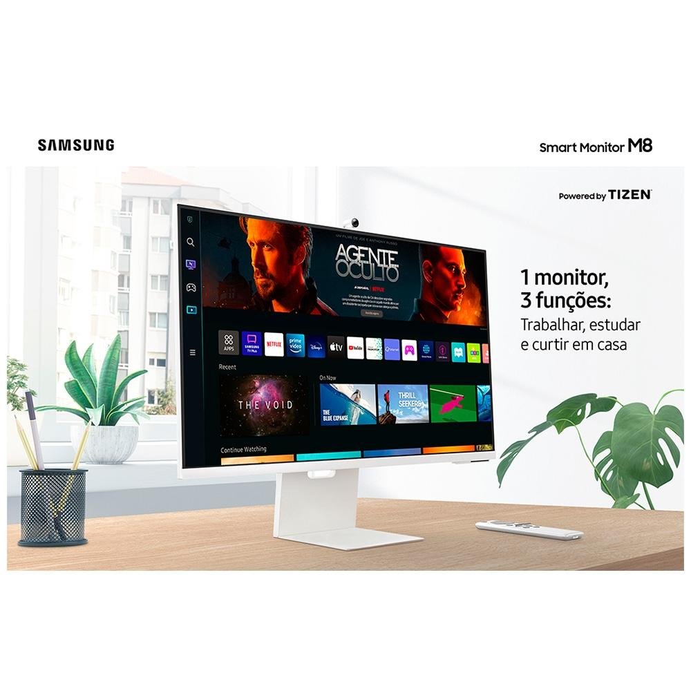 Monitor Smart Samsung M8 32" IPS 4K UHD, HDR 10, HDMI/USB-C, Tizen, WebCam, Bluetooth, WiFi, AirPlay 2, VESA, Branco - LS32BM801ULXZD Monitor Smart Samsung M8 32" IPS 4K UHD, HDR 10, HDMI/USB-C, Tizen, WebCam, Bluetooth, WiFi, AirPlay 2, VESA, Branco - LS32BM801ULXZD