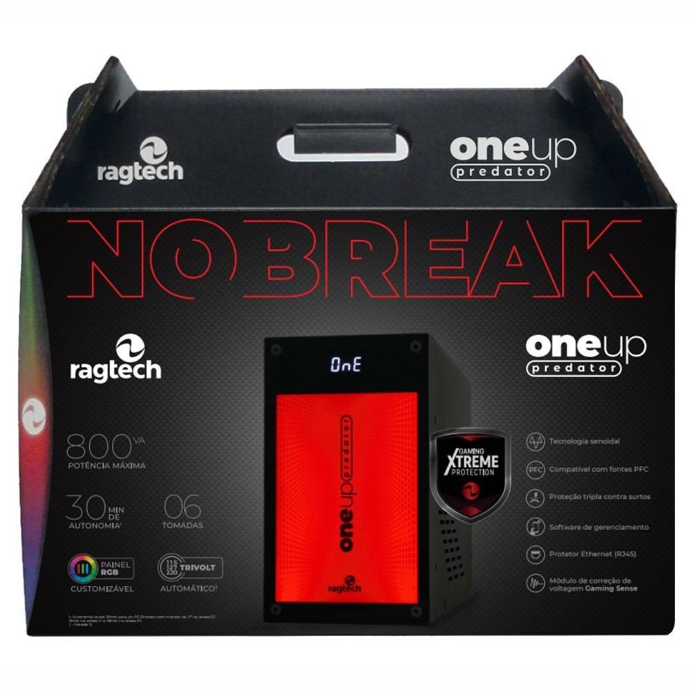 Nobreak Gamer Ragtech One Up Predator Senoidal, 800VA, 560W, RGB, Bateria Interna, Entrada Bivolt - 4570
