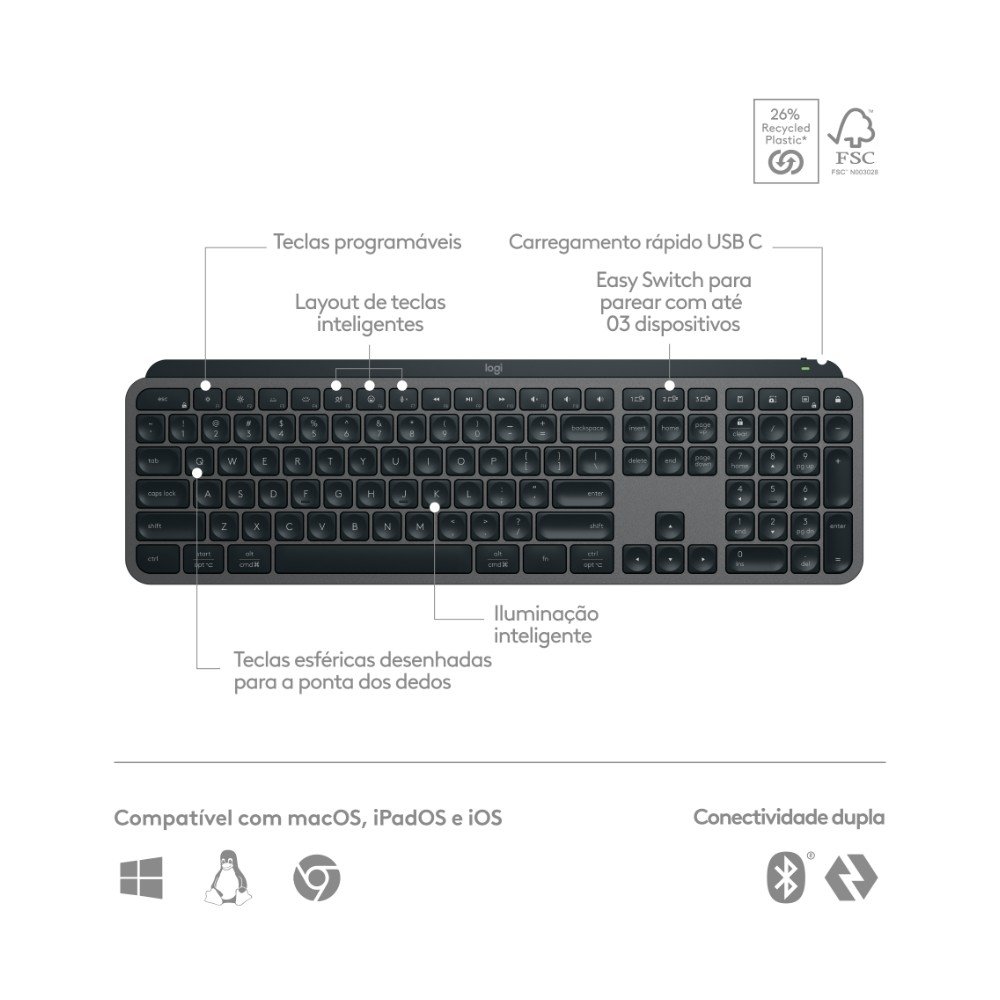 Teclado Sem Fio Logitech MX Keys S, Com Iluminação Inteligente, Bluetooth ou USB, Logi Bolt e Bateria Recarregável, Grafite - 920-011563 Teclado Sem Fio Logitech MX Keys S, Com Iluminação Inteligente, Bluetooth ou USB, Logi Bolt e Bateria Recarregável, Grafite - 920-011563