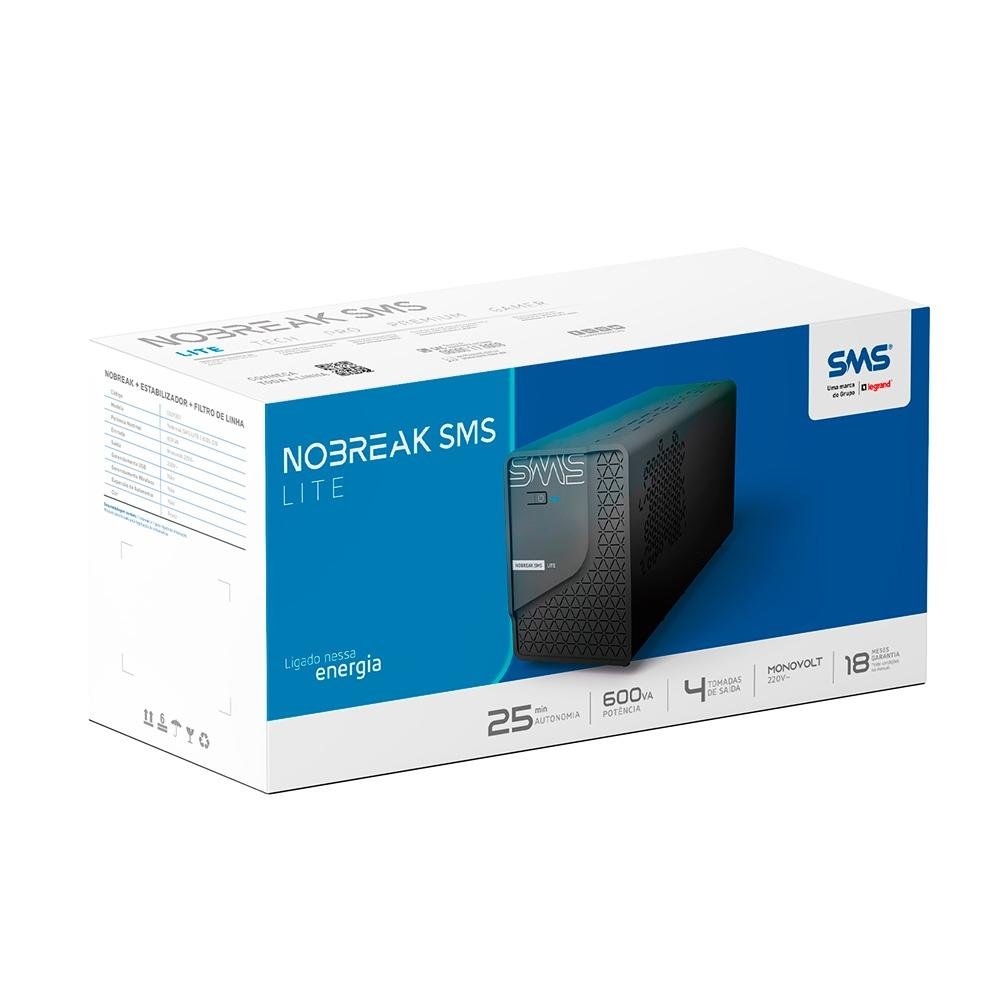 Nobreak SMS Lite, 600VA, 4 Tomadas, Entrada e Saida 220V - 29201