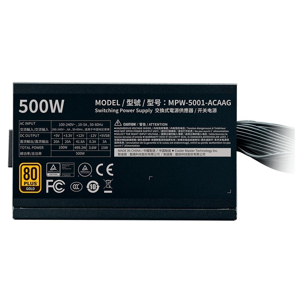Fonte Cooler Master G500, 500W, 80 Plus Gold, PFC Ativo, com cabo, Preto - MPW-5001-ACAAG-BR Fonte Cooler Master G500, 500W, 80 Plus Gold, PFC Ativo, com cabo, Preto - MPW-5001-ACAAG-BR