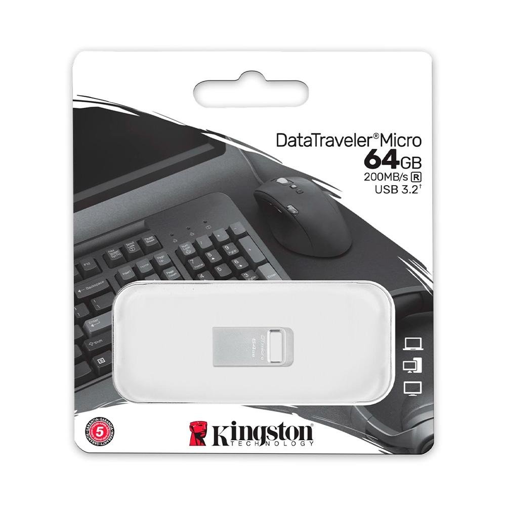 Pen Drive 64GB Kingston DataTraveler Micro, USB 3.2 Gen 1, Leitura de 200MB/s, Metal - DTMC3G2/64GB