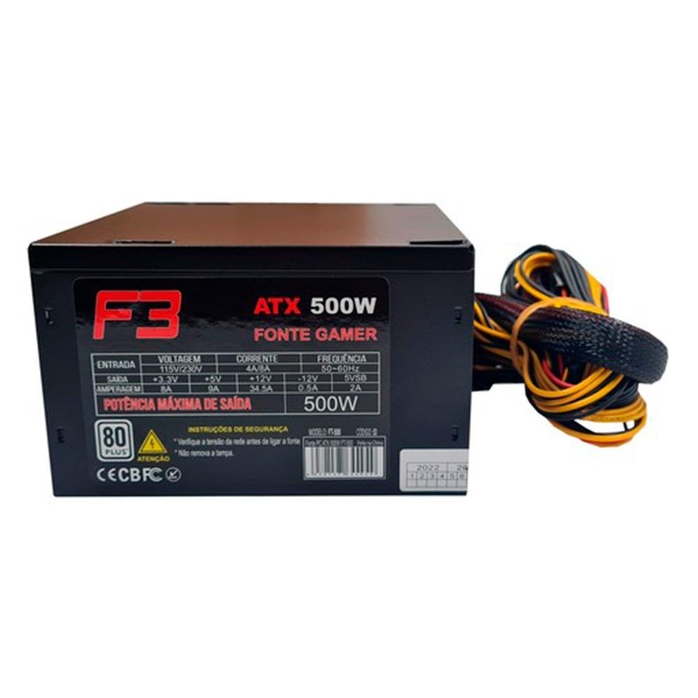 Fonte F3 FT-500, 500W, 80 Plus White, Com Cabo, Preto - FT-500 Fonte F3 FT-500, 500W, 80 Plus White, Com Cabo, Preto - FT-500