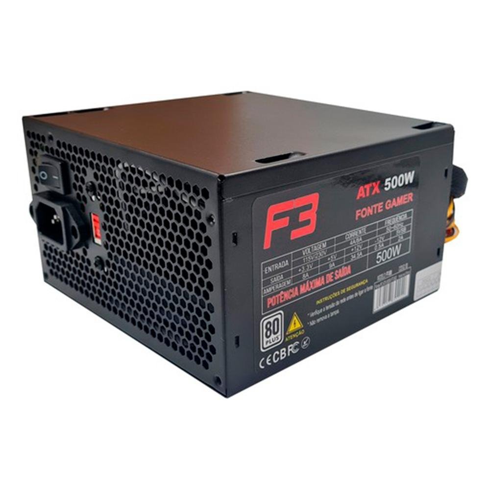 Fonte F3 FT-500, 500W, 80 Plus White, Com Cabo, Preto - FT-500 Fonte F3 FT-500, 500W, 80 Plus White, Com Cabo, Preto - FT-500