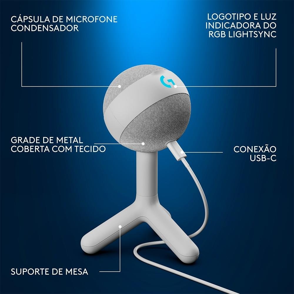 Microfone Gamer Logitech G Yeti Orb com RGB LIGHTSYNC, USB Plug and Play para Gravação de Conteúdo e Streaming, Branco - 988-000557 Microfone Gamer Logitech G Yeti Orb com RGB LIGHTSYNC, USB Plug and Play para Gravação de Conteúdo e Streaming, Branco - 988-000557