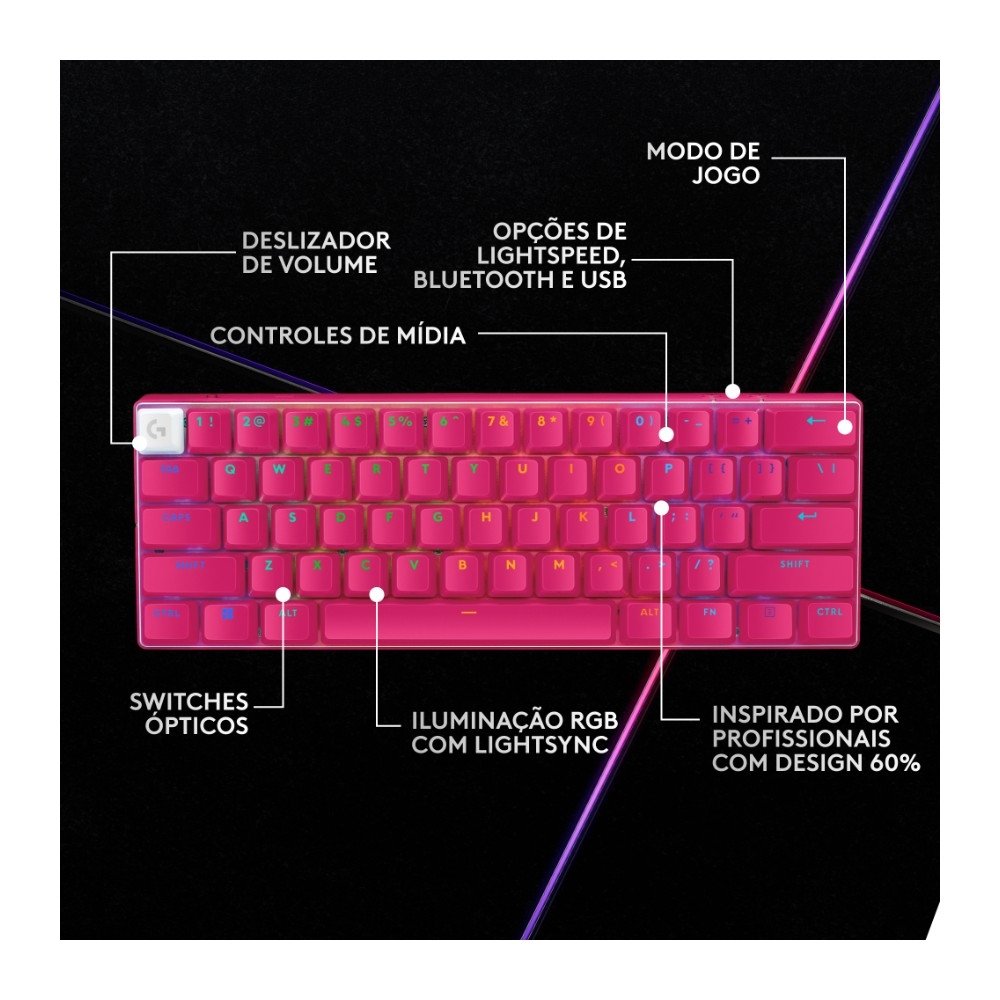 Teclado Sem Fio Mecânico Gamer Logitech G PRO X 60 Lightspeed, RGB, Bluetooth, Compatível com Windows, Rosa Magenta - 920-011940 Teclado Sem Fio Mecânico Gamer Logitech G PRO X 60 Lightspeed, RGB, Bluetooth, Compatível com Windows, Rosa Magenta - 920-011940