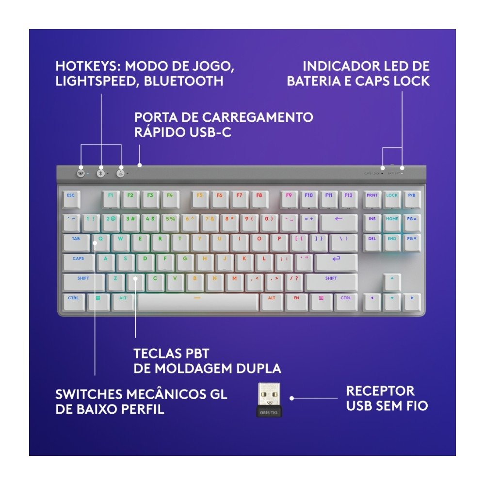 Teclado Sem Fio Mecânico Gamer Logitech G515, RGB, Bluetooth, com Design TKL,Tecnologia Lightspeed, Branco - 920-012535 Teclado Sem Fio Mecânico Gamer Logitech G515, RGB, Bluetooth, com Design TKL,Tecnologia Lightspeed, Branco - 920-012535