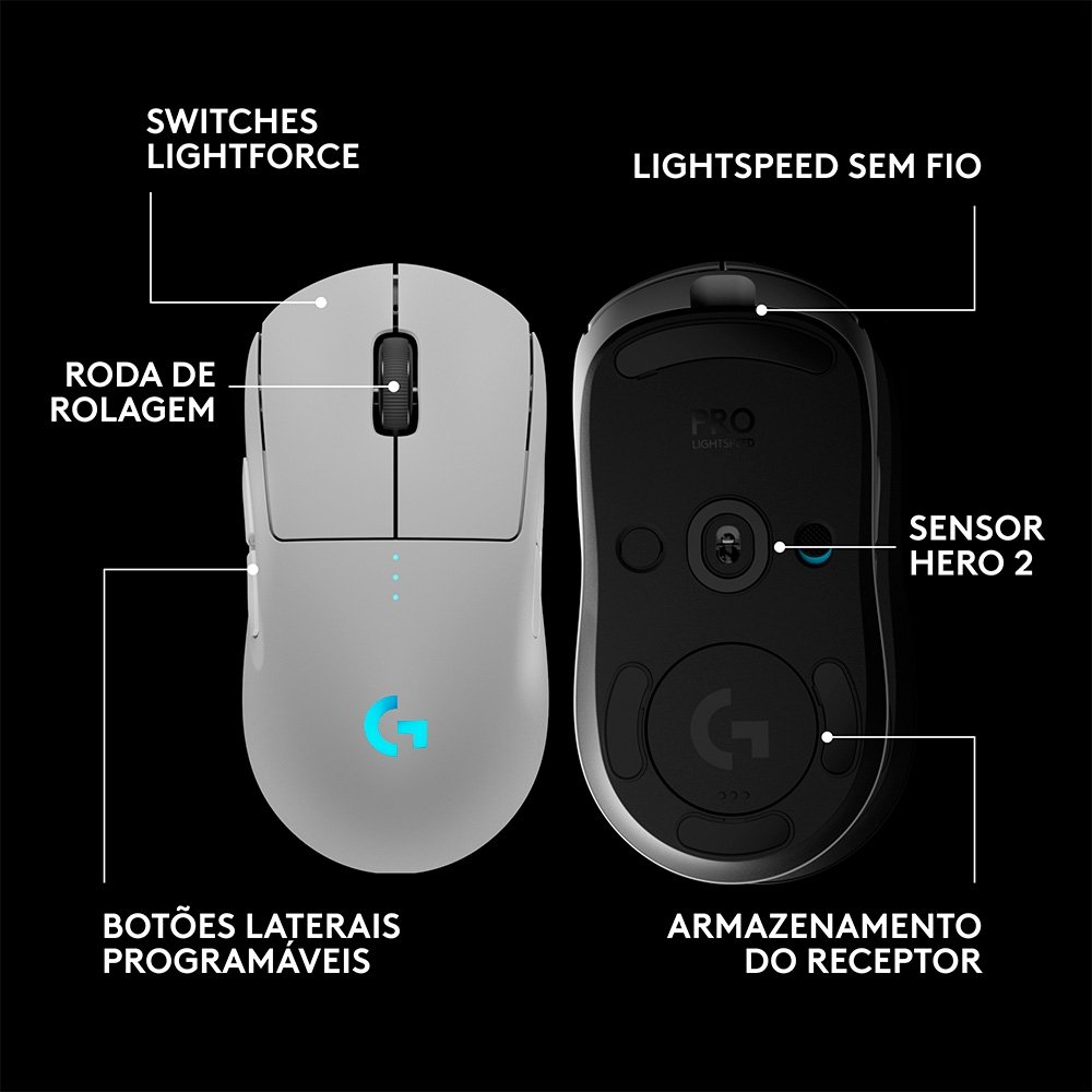 Mouse Gamer Sem Fio Logitech G PRO 2 com Lightspeed, RGB Lightsync, Ambidestro, 4 Botões Programáveis, DPI de 32K, Branco - 910-007301 Mouse Gamer Sem Fio Logitech G PRO 2 com Lightspeed, RGB Lightsync, Ambidestro, 4 Botões Programáveis, DPI de 32K, Branco - 910-007301