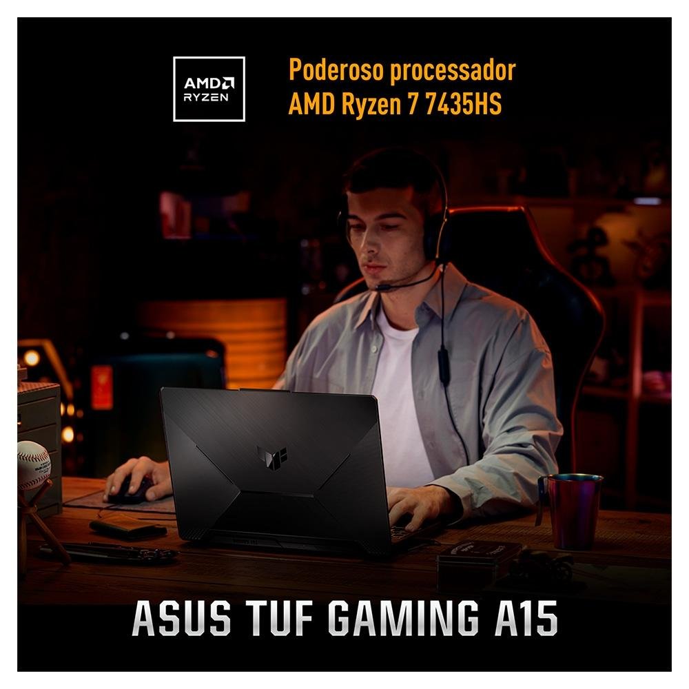 Notebook Gamer ASUS TUF Gaming A15, AMD RYZEN 7 7435HS, 8GB RAM, 512GB SSD, RTX 2050 KeepOS, 15,6" FHD, Preto Grafite - FA506NFR-HN069 Notebook Gamer ASUS TUF Gaming A15, AMD RYZEN 7 7435HS, 8GB RAM, 512GB SSD, RTX 2050 KeepOS, 15,6" FHD, Preto Grafite - FA506NFR-HN069