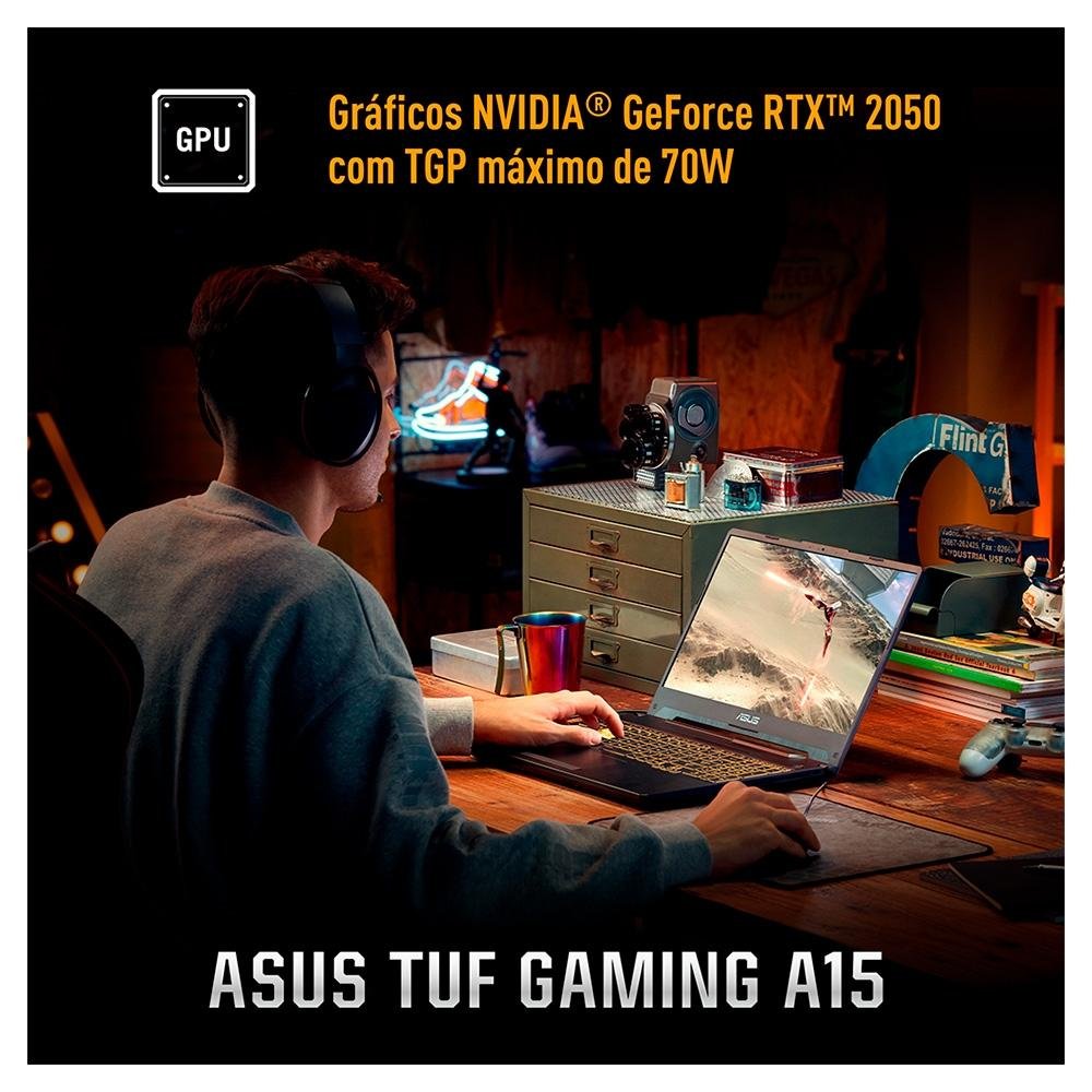 Notebook Gamer ASUS TUF Gaming A15, AMD RYZEN 7 7435HS, 8GB RAM, 512GB SSD, RTX 2050 KeepOS, 15,6" FHD, Preto Grafite - FA506NFR-HN069 Notebook Gamer ASUS TUF Gaming A15, AMD RYZEN 7 7435HS, 8GB RAM, 512GB SSD, RTX 2050 KeepOS, 15,6" FHD, Preto Grafite - FA506NFR-HN069
