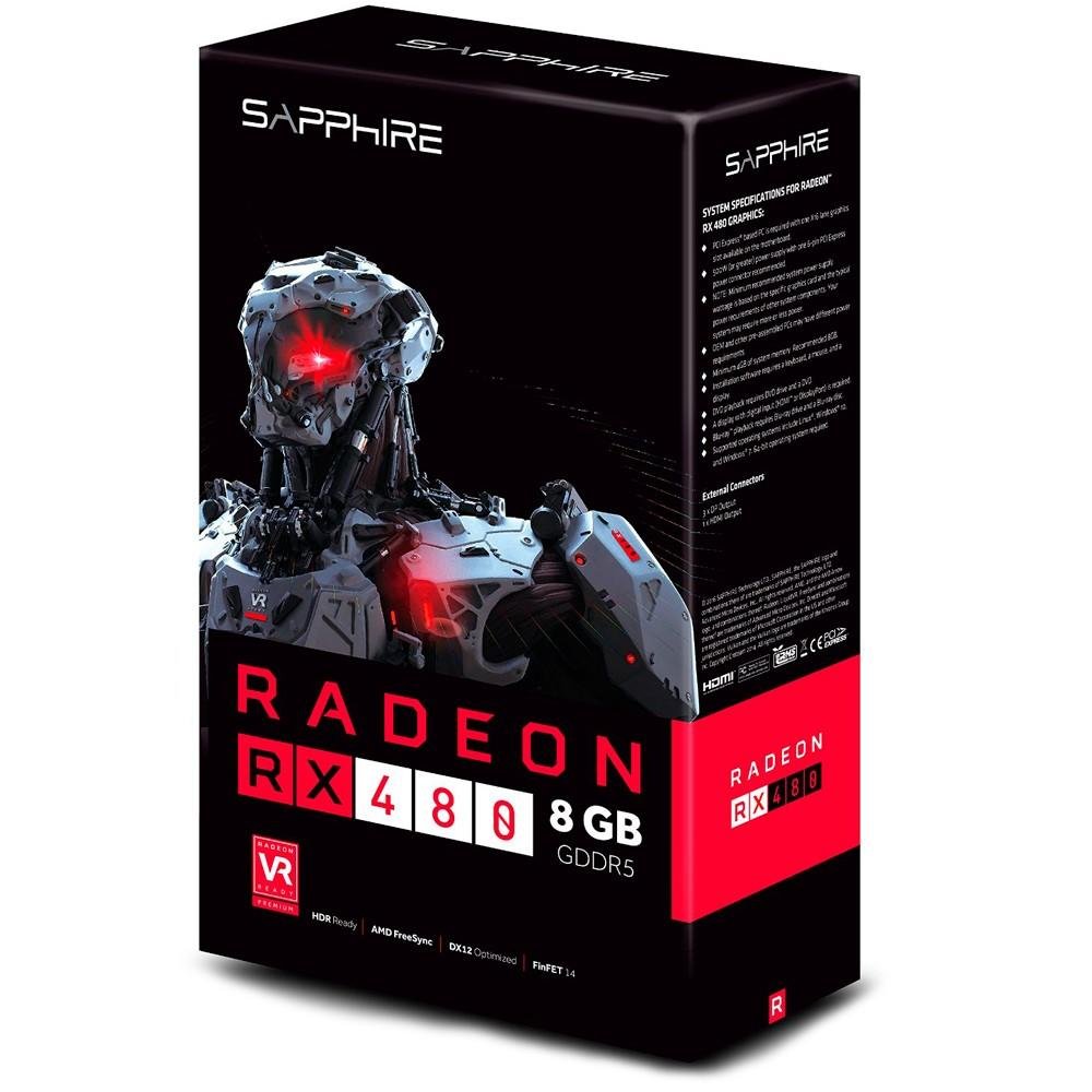 Placa de Video VGA Sapphire AMD Radeon RX480 8GB GDDR5 HDMI/TRI DP PCI-Express - 21260-00-20G