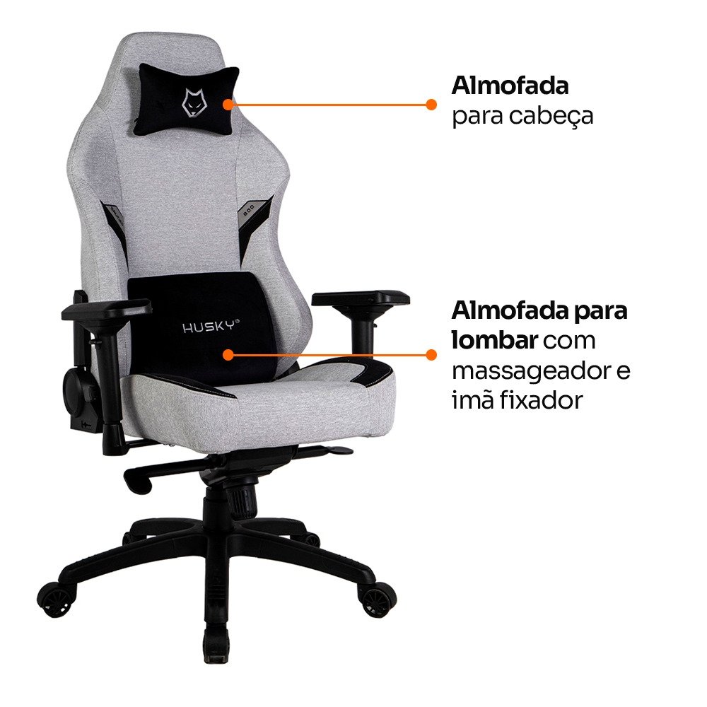 Cadeira Gamer Husky Saucer, Até 150Kg, Braço 4D, Almofadas de Apoio, Massageador de Lombar, Reclinável 135º, Tecido, Cinza - HCG800CZT - view 6
