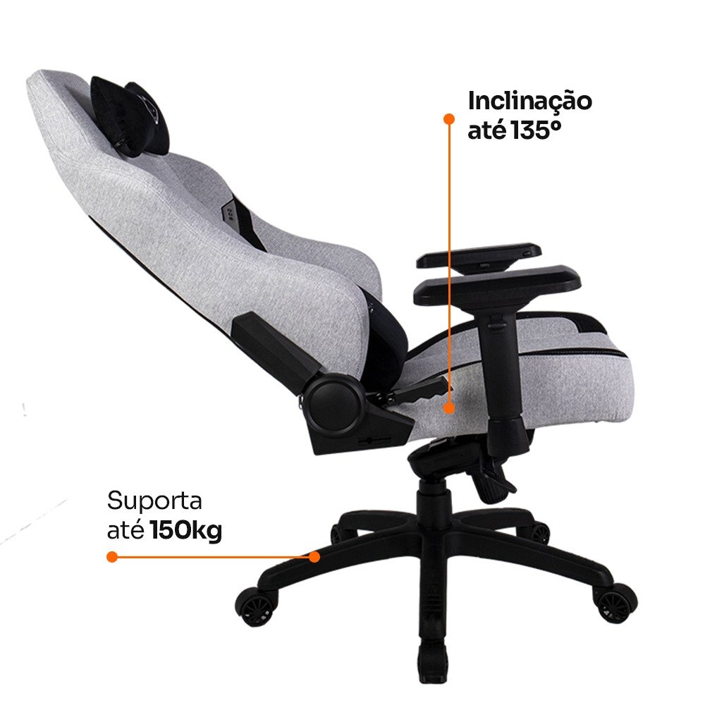Cadeira Gamer Husky Saucer, Até 150Kg, Braço 4D, Almofadas de Apoio, Massageador de Lombar, Reclinável 135º, Tecido, Cinza - HCG800CZT - view 11