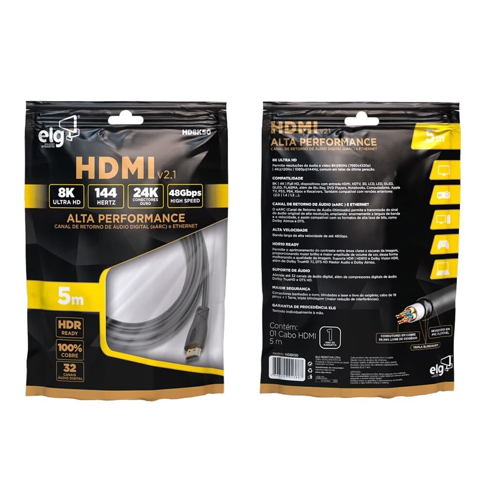 Cabo HDMI 2.1 8K Ultra HD ELG, 4K 144hz, 5 Metros, 3D Ready, Preto - HD8K50