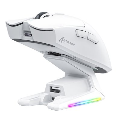 Mouse Gamer sem Fio Attack Shark X1, Ultraleve, com Base de Carregamento Magnético RGB, Tri-Mode, 40.000 DPI, Sensor Óptico PAW3395 PRO, 6 Botões - Branco