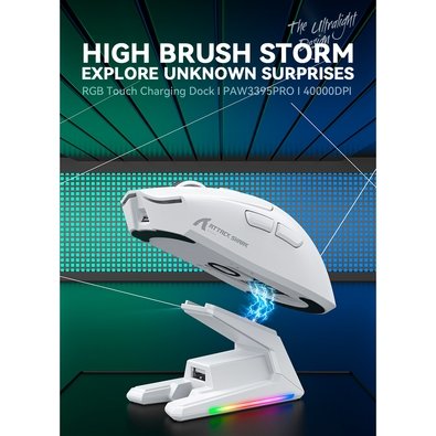Mouse Gamer sem Fio Attack Shark X1, Ultraleve, com Base de Carregamento Magnético RGB, Tri-Mode, 40.000 DPI, Sensor Óptico PAW3395 PRO, 6 Botões - Branco