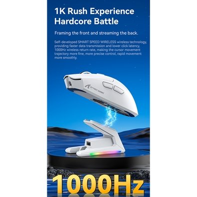 Mouse Gamer sem Fio Attack Shark X1, Ultraleve, com Base de Carregamento Magnético RGB, Tri-Mode, 40.000 DPI, Sensor Óptico PAW3395 PRO, 6 Botões - Branco
