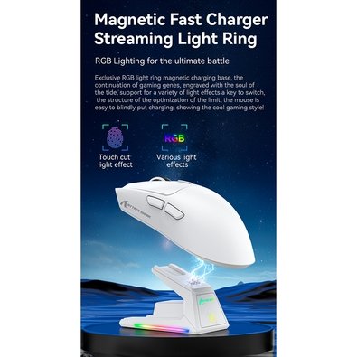 Mouse Gamer sem Fio Attack Shark X1, Ultraleve, com Base de Carregamento Magnético RGB, Tri-Mode, 40.000 DPI, Sensor Óptico PAW3395 PRO, 6 Botões - Branco