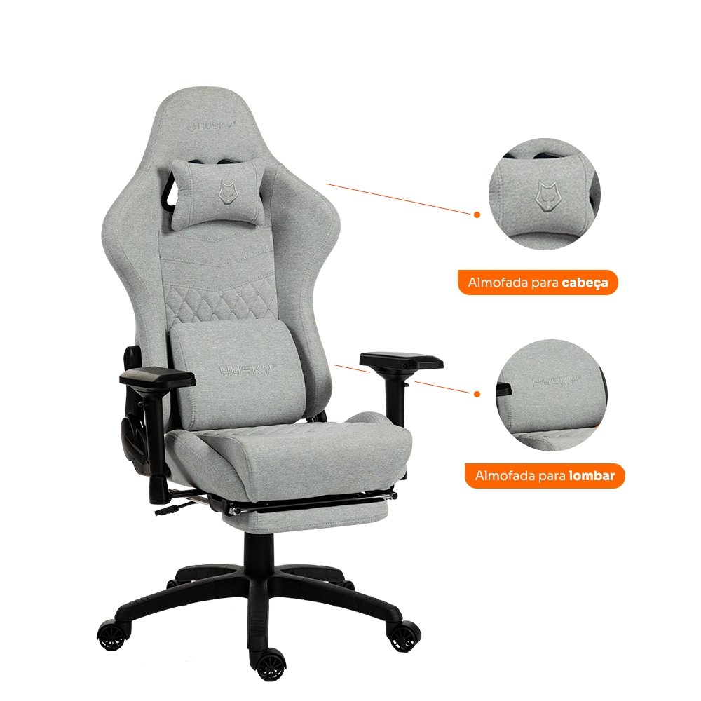 Cadeira Gamer Husky Tempest 4D, Até 145kg, Braços 4D, Almofadas, Reclinável 150º, Tecido, Descanso para Pés, Cinza Tecido - HCG700CZT4D - view 4