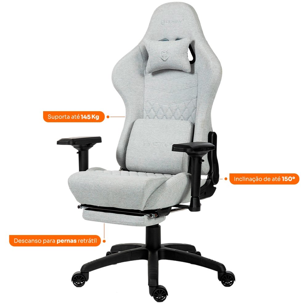 Cadeira Gamer Husky Tempest 4D, Até 145kg, Braços 4D, Almofadas, Reclinável 150º, Tecido, Descanso para Pés, Cinza Tecido - HCG700CZT4D - view 6