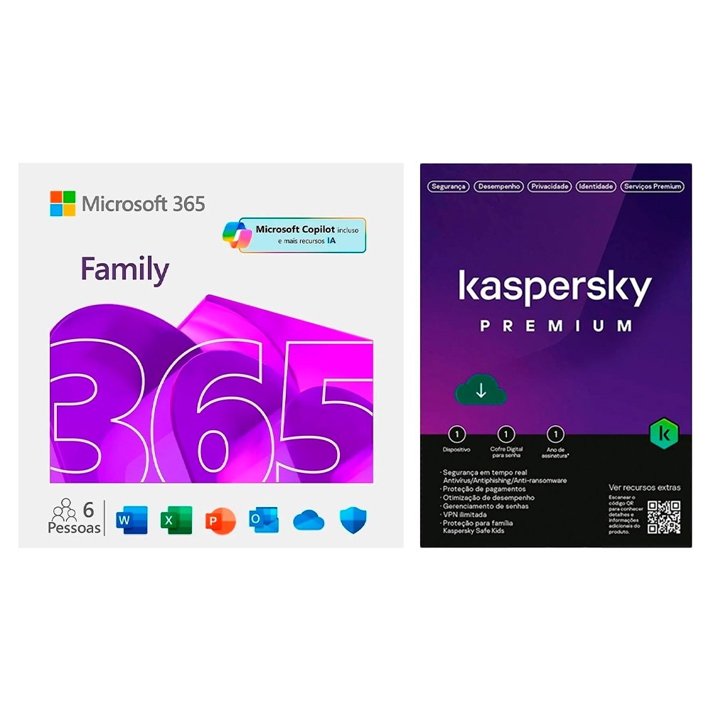 Microsoft 365 Family ESD - Digital para Download + Kaspersky Antivírus Premium 5 Dispositivos 1 Ano, Digital para Download Microsoft 365 Family ESD - Digital para Download + Kaspersky Antivírus Premium 5 Dispositivos 1 Ano, Digital para Download