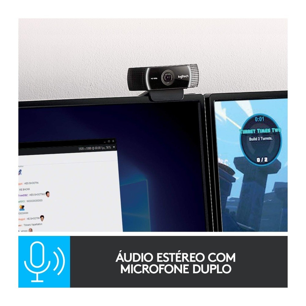 Webcam Full HD Logitech C922 Pro Stream com Microfone Embutido, 1080p e Tripé Incluso, Compatível Logitech Capture - 960-001087