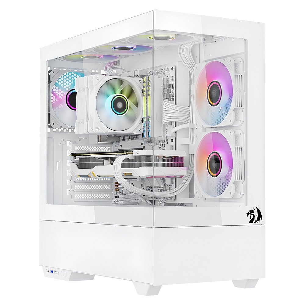 Gabinete Gamer Redragon Reflect Pro, Mid Tower, ARGB, ATX, Frontal e Lateral em Vidro, Sem FANs, Branco - CA-607W Gabinete Gamer Redragon Reflect Pro, Mid Tower, ARGB, ATX, Frontal e Lateral em Vidro, Sem FANs, Branco - CA-607W