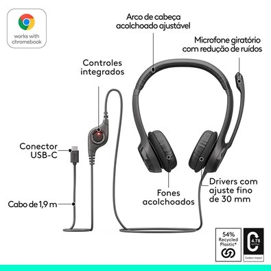 Headset Logitech H390, Controles de Áudio Integrado, Microfone com Redução de Ruído, USB-C, Preto - 981-001575