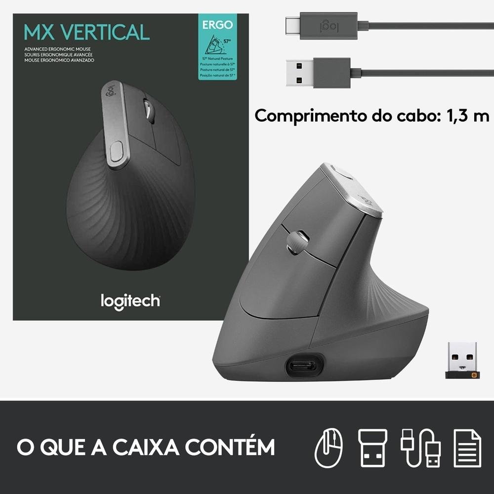 Mouse sem fio Logitech MX Vertical Design Ergonômico para Redução
