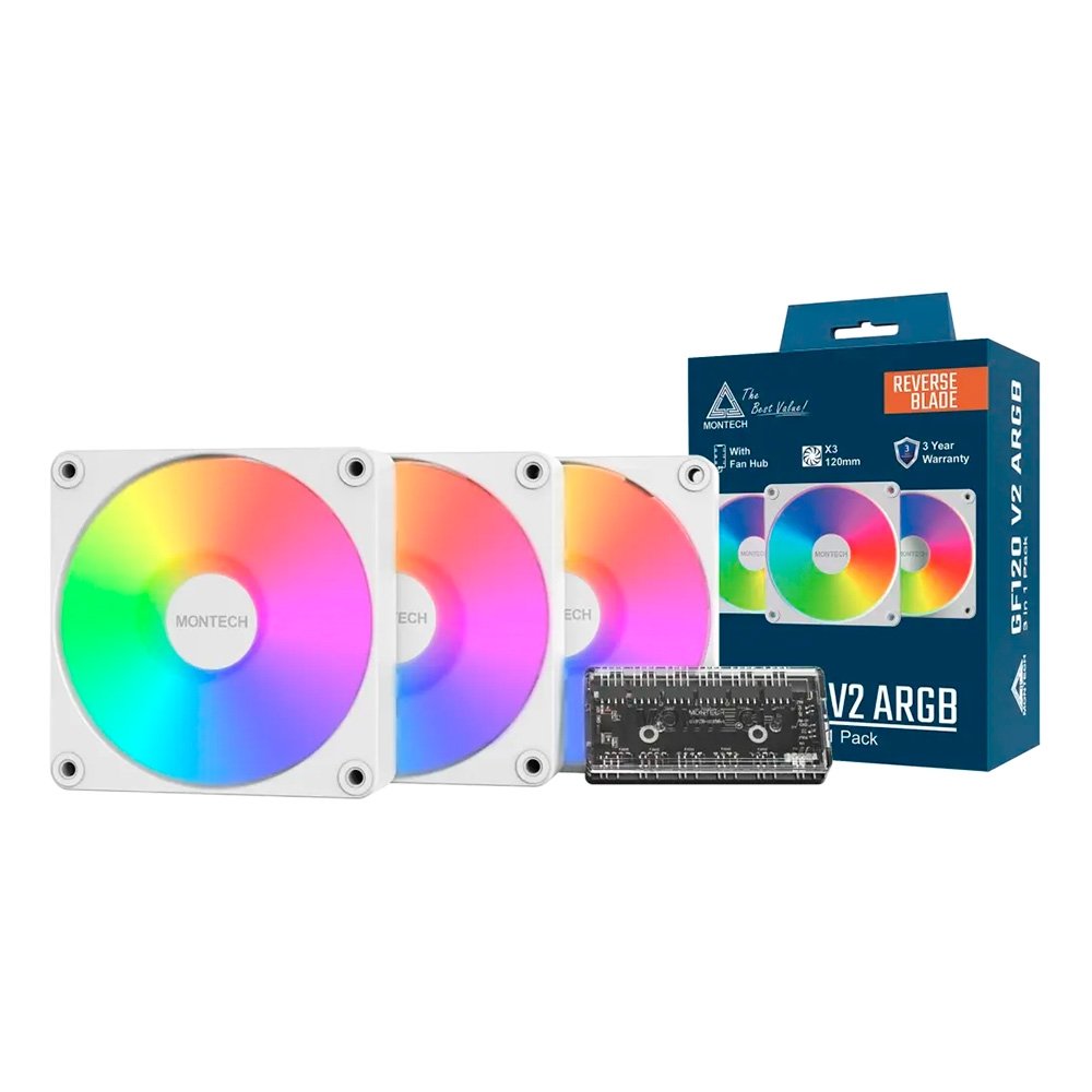Ventoinha Montech GF120R V2, ARGB, Reverse, 120mm, Branco - GF120RV2ARGBW