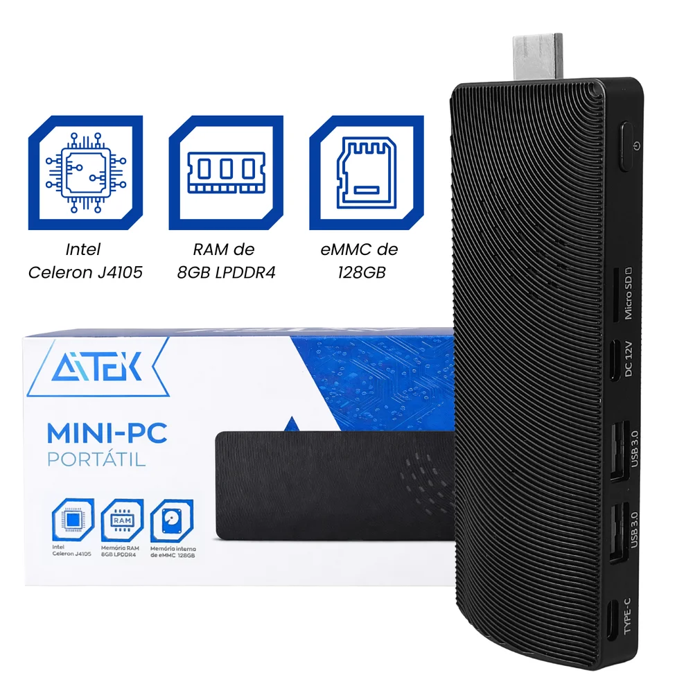 Computador Mini PC Portátil Intel Celeron J4105  128GB, WINDOWS 11 Pro HDMI 4k Usb Aitek - Amp-8000 em Campinas - foto 3