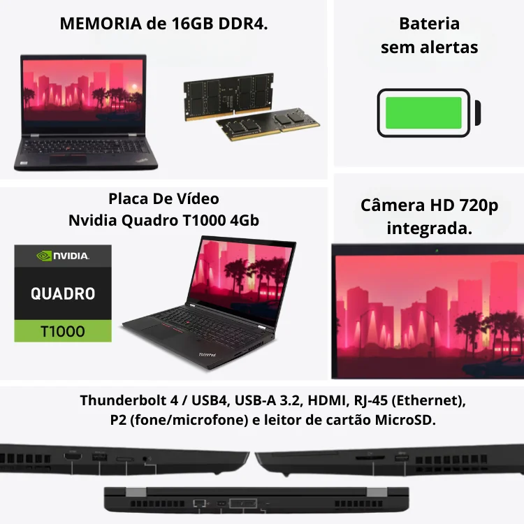 "Usado Lenovo Thinkpad P15 Intel Core i7 16gb Ram SSD 512gb Tela Fhd 15.6"" WINDOWS 11 Preto" - view 2