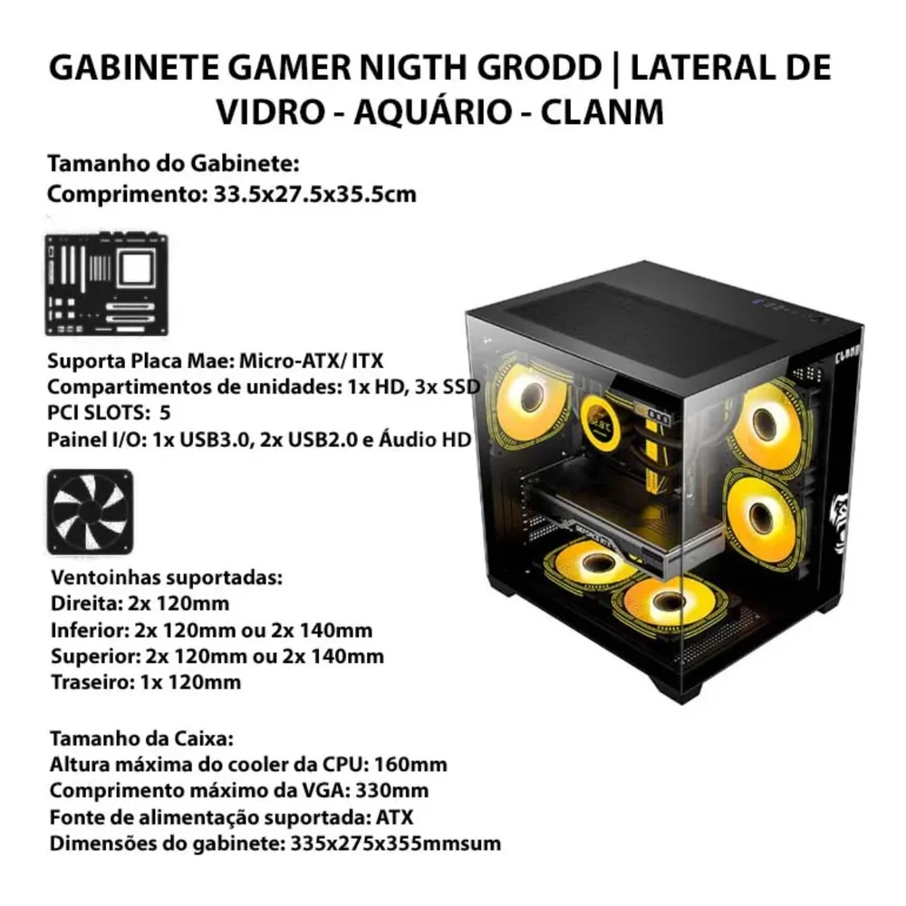 Gabinete Clanm Grodd Mid Tower Preto Vidro 3mm mATX mini-ITX Suporta VGA 320mm ATX