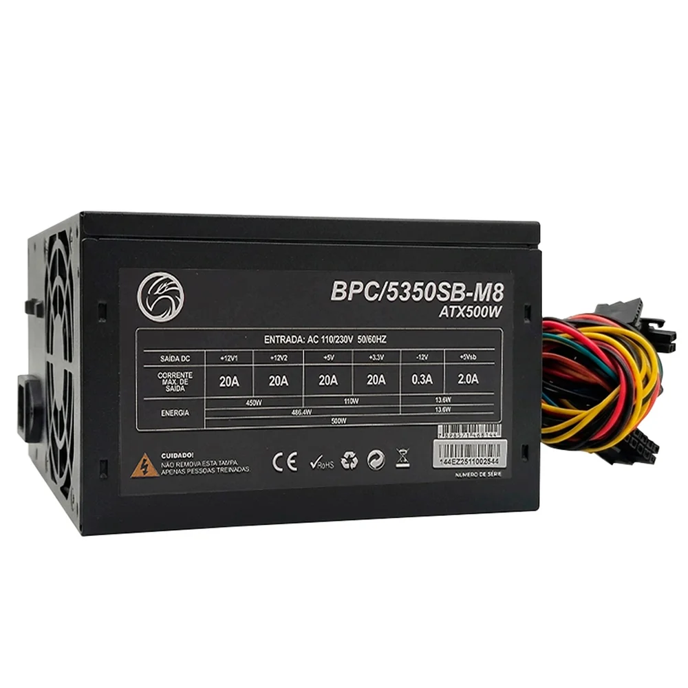 Fonte Brazil PC 500w Bpc-5350sb-m8, Com Cabo De Energia, Bivolt Manual, 24 Pinos - Preto Fonte Brazil PC 500w Bpc-5350sb-m8, Com Cabo De Energia, Bivolt Manual, 24 Pinos - Preto