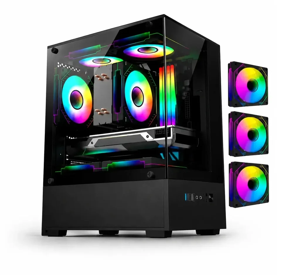 Gabinete Gamer Arvex Ignis Mid Tower Lateral E Frontal Em Vidro Temperado Com 3 Fans RGB Preto Arx-ins-b Gabinete Gamer Arvex Ignis Mid Tower Lateral E Frontal Em Vidro Temperado Com 3 Fans RGB Preto Arx-ins-b