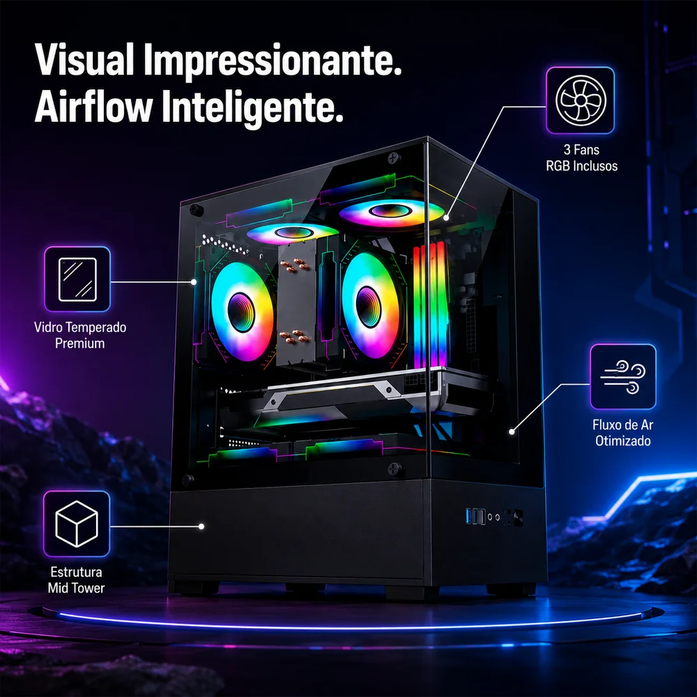 Gabinete Gamer Arvex Ignis Mid Tower Lateral E Frontal Em Vidro Temperado Com 3 Fans RGB Preto Arx-ins-b Gabinete Gamer Arvex Ignis Mid Tower Lateral E Frontal Em Vidro Temperado Com 3 Fans RGB Preto Arx-ins-b