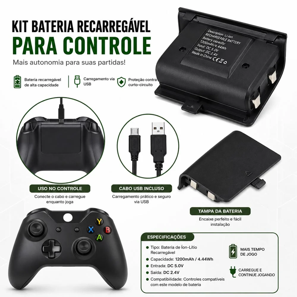 Bateria E Cabo Carregador Compativel Com XBOX One