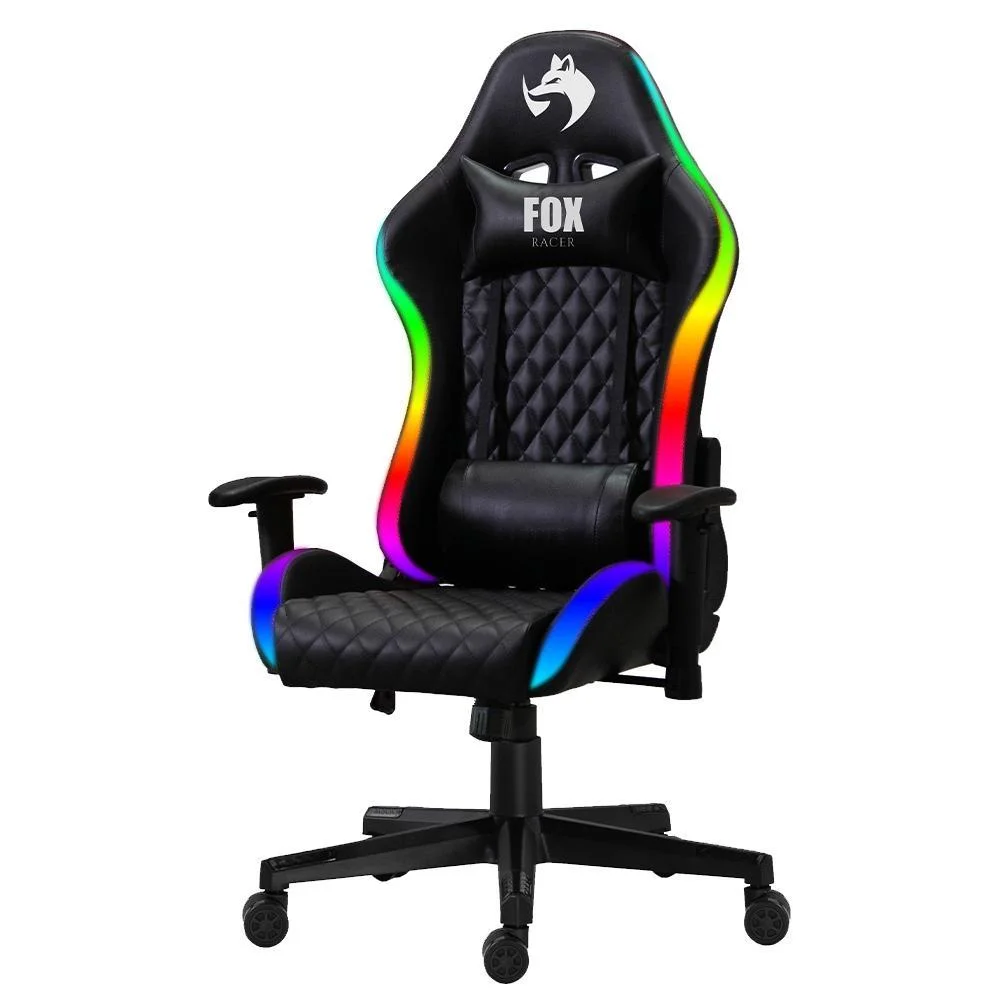 Cadeira Gamer Fox Office Fox Racer, RGB e Iluminação LED, até 130kgs, com almofadas, Reclinável - Preta