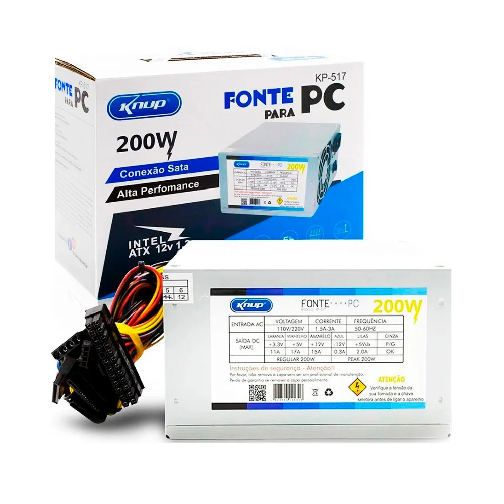 Fonte Knup ATX, 200W, 12V, 24 Pinos - KP-517 Fonte Knup ATX, 200W, 12V, 24 Pinos - KP-517